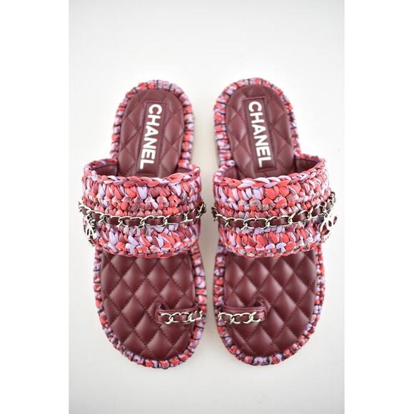 Chanel 20S Red Purple Raffia Tweed CC Chain Logo Mule Slide Strap Flat Sandal 36 - Picture 8 of 12